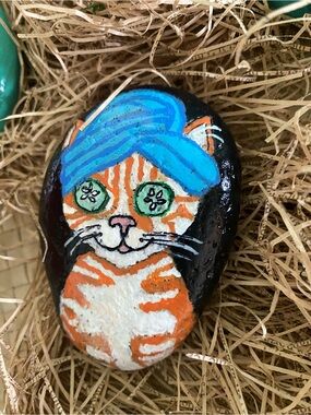 Hand-Painted Orange Tabby Cat Spa day on Natural Rock